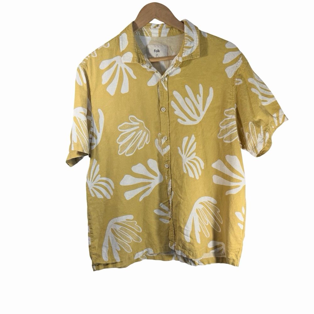 Folk Linen Blend Top Men's M Short Sleeve Camp Shirt Yellow Floral Beach Resort